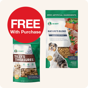 Pack of Dr. Marty Tilly's treasures dog treats FREE with a pack of Dr. Marty Nature's blend dog food