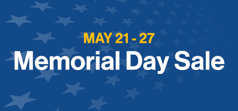  "May 21 - 27 Memorial Day Sale" on a blue background with opaque stars