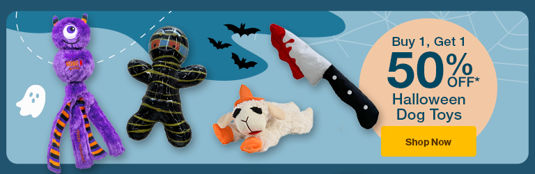 Halloween toys "Buy 1 Get 1  50% Off Halloween Dog Toys Shop now" on background with ghosts and bats