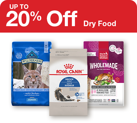 "Up to 20% off dry cat food", three bags of cat food