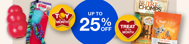 Collection of pet toys and treats with up to 25% off badge and Toy of the month icon
