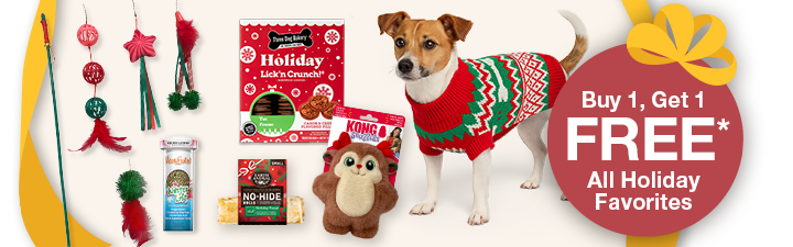 Buy 1 Get 1 FREE with dog toys, treats, and dog in a Christmas dress