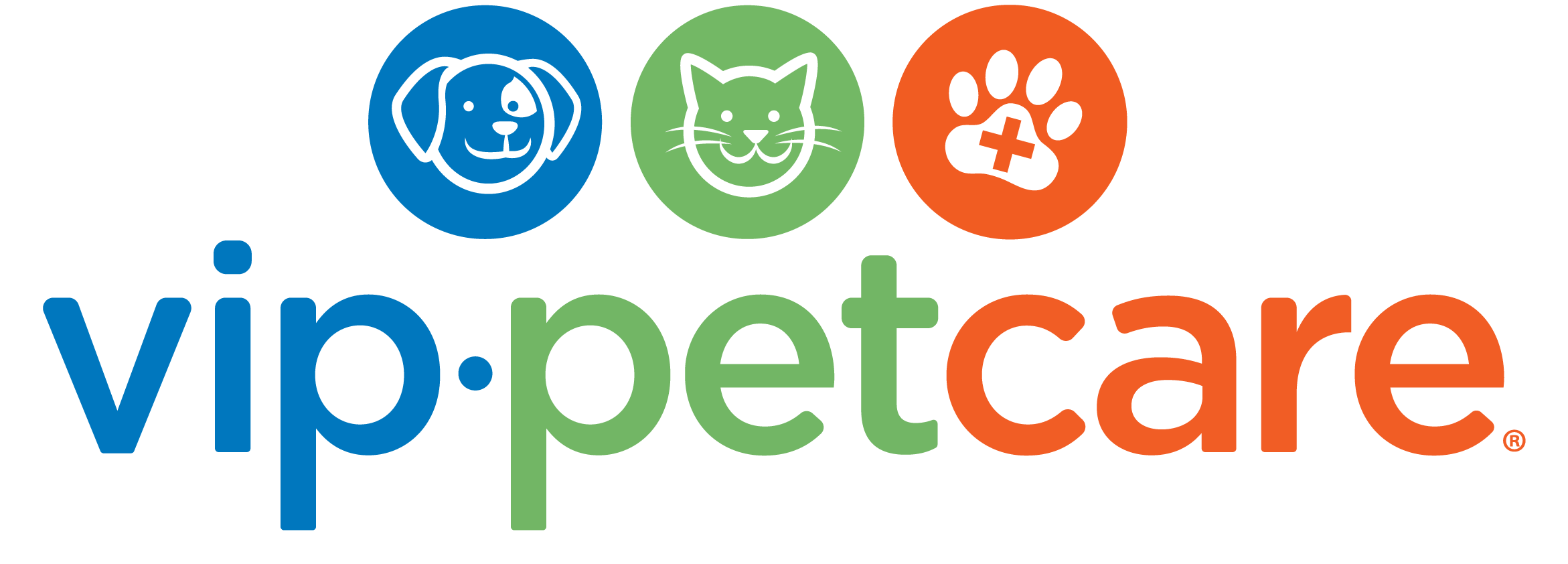 VIP Petcare logo featuring three circles with icons of a happy dog, a smiling cat, and a paw print with a medical cross. The text "vip.petcare" is written below the icons in blue, green, and orange letters.