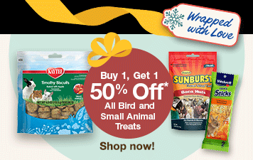 "50% off all bird and small animal treats" Shop now