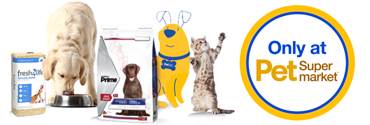 A golden retriever eating from a bowl next to Fresh4Life cat litter, Performatrin Prime dog food, a yellow cartoon dog Pet Supermarket Peticon, and a playful tabby cat, with text reading "Only at Pet Supermarket" in a circular design. A golden retriever eating from a bowl next to Fresh4Life cat litter, Performatrin Prime dog food, a yellow cartoon dog Pet Supermarket Peticon, and a playful tabby cat, with text reading "Only at Pet Supermarket" in a circular design.