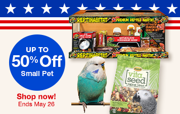 Up to 50% off small pet shop now ends May 23 image of blue parrakeet, reptile habitat and vita bird seed