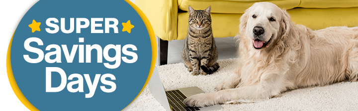 Super Savings Days with cat and dog in living room