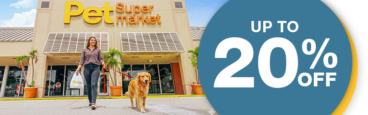 Up to 20% off image of woman and dog walking out of Pet Supermarket store