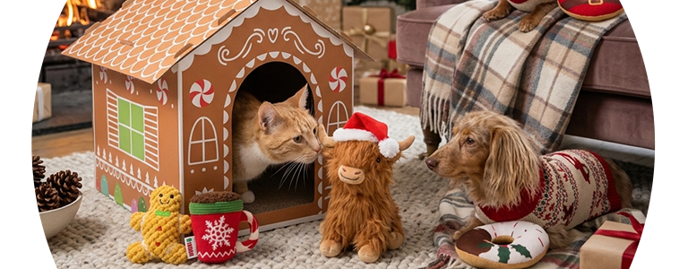 Assortment of holiday dog and cat toys 