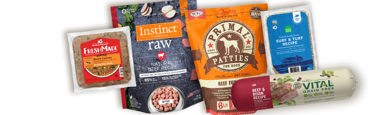 Gently cooked food and raw, Stella & Chewy's. Instinct Raw, Primal Patties and Open Farm Fish dog food