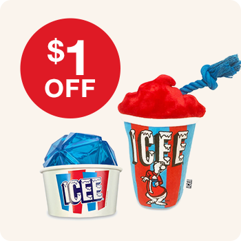 Two ICEE dog toys – one shaped like a blue ICEE cup and the other like a red slushie with a rope – featuring a red circular label that says "$1 OFF".