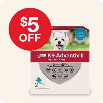 A box of K9 Advantix II flea and tick treatment for medium dogs, with a red circular label that says "$5 OFF".