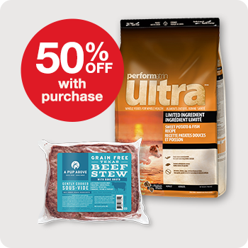 50% Off A Pup Above 1 lb. Gently Cooked Patty with the Purchase of Performatrin Limited Ingredient Dog Food 24 lb. bags