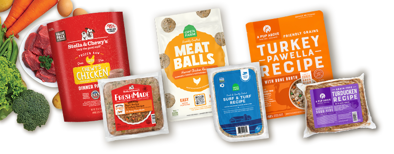 frozen food Stella & Chewy's. Instinct Raw, Primal Patties and Open Farm Fish dog food