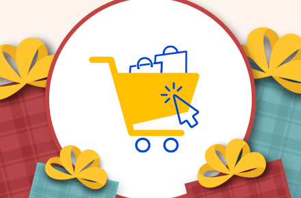 Yellow shopping cart icon with click on it in a circle with holiday gifts around it