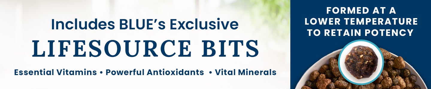 A banner reading "Includes BLUE&rsquo;s Exclusive LIFESOURCE BITS" alongside the benefits "Essential Vitamins &bull; Powerful Antioxidants &bull; Vital Minerals." The right side states "FORMED AT A LOWER TEMPERATURE TO RETAIN POTENCY" next to a visual highlight of a single kibble piece in a bowl.
