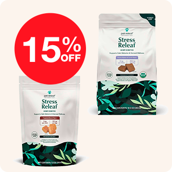 A package of stress relief dog treats featuring calming ingredients for anxious pets.
