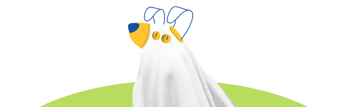 Ghost peticon dog on a green hill 