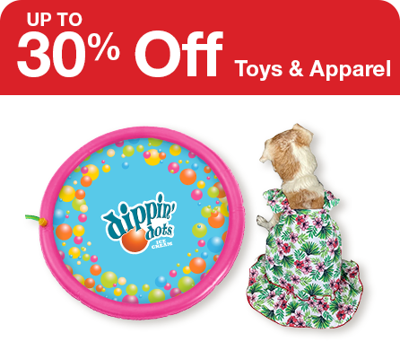 "up to 30% off Toys & Apparel" image of dippin dots slash toy and dog in summer dress