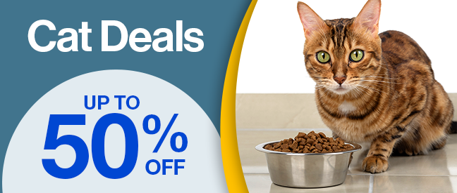 Cat Deals "up to 50% off" brown cat eating food from bowl