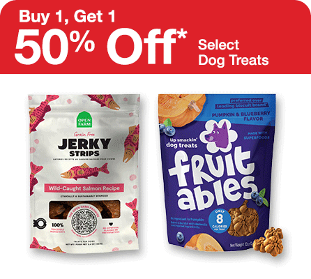 Buy 1 Get 1 50% off pet deals on select dog treats,
