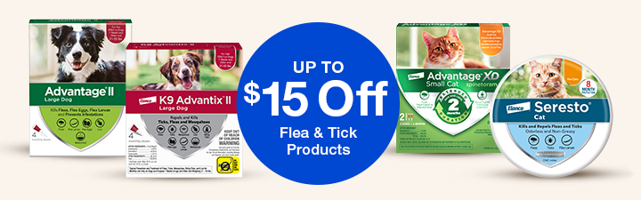 Up to $15 off flea & Tick products with images of seresto dog collar, advantage ii, Advantage XD cat flea treatment