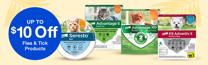 Up to $10 off flea & Tick products with images of seresto dog collar, advantage ii, flea & tick spray and shampoo
