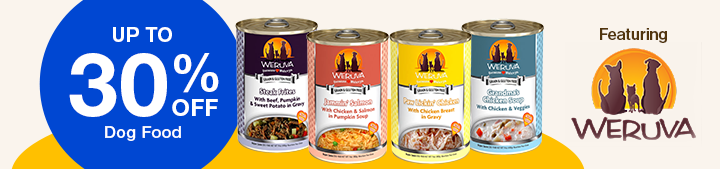 "Up to 30% off dog food" Weruva logo and four cans of Weruva dog food