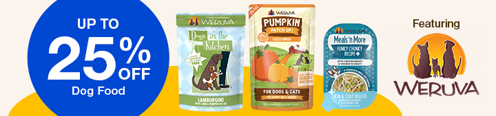 "Up to 25% off dog food" Weruva logo and cans of Weruva dog food