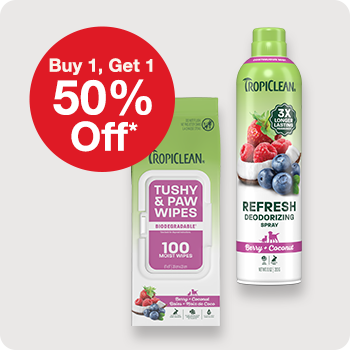 Buy 1, Get 1 50% Off Tropiclean Grooming Shampoos, Conditioners, Wipes, & Sprays for Dogs 