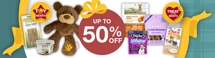 Collection of pet toys and treats with up to 50% off badge and Toy of the month icon