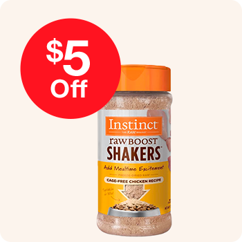 Two Instinct Raw Boost shaker bottles displaying a promotional message of "$5 off" on a bright background
