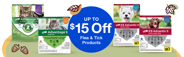 Up to $15 off flea & Tick products with images of Advantage XD,  advantage ii, K9 Advantax,  K9 Advantax ii