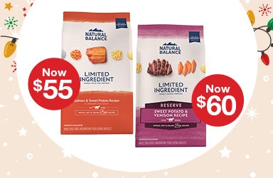Now $55 Natural Balance Limited Ingredient Salmon & Sweet Potato Recipe Dog Food  24 lb. bags Now $60 Natural Balance Limited Ingredient Reserve Sweet Potato & Venison Recipe Dog Food  22 lb. bags