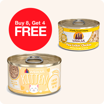 Two cans of kitten food featuring a promotional message: "Buy 8, get 4 free.