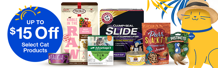 up to $15 off select cat products promo blue bubble with cat supplies and yellow cat peticon