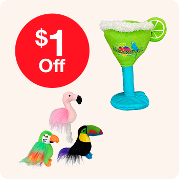 A green bird and a martini glass are featured with a $1 discount sign, indicating a sale.