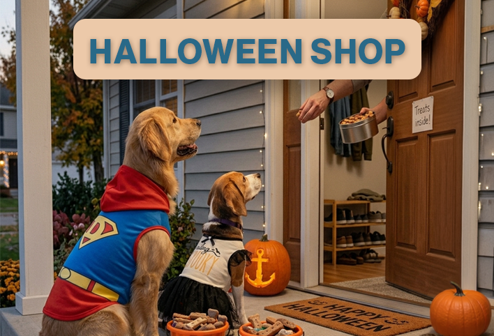"Halloween Shop"  Two dogs dressed in Halloween costumes trick-or-treating on a front porch with pumpkin buckets full of dog treats