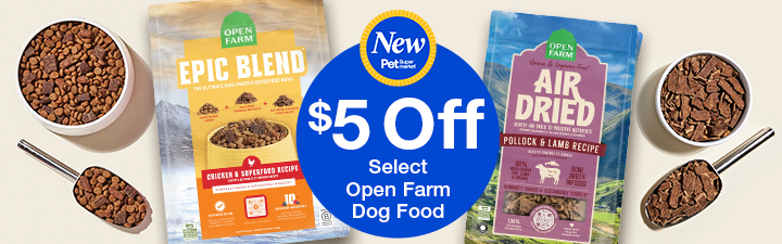 Open Farm Epic Blend "$5 off select Open Farm Dog Food" with two bags and food bowls