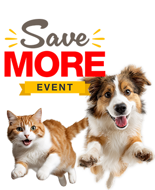 Promotional graphic featuring a happy brown and white dog jumping beside the words &ldquo;Save More&rdquo; in large text and a yellow banner reading &ldquo;Event.&rdquo;