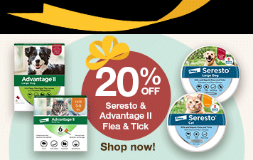 "20% off Sersto & Advantage II flea & tick" Image of 4 flea & tick products "Shop now"