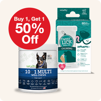 Buy 1 Get 1 50% Off Vetality Aller-Immune Chews, 10in1 Chews and Twist & Lick Calming Supplement