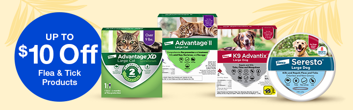 Up to $10 off flea & Tick products with images of seresto dog collar, advantage ii, Advantage XD cat flea treatment
