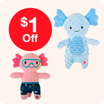 Two stuffed animals with a tag displaying "$1 off" prominently featured in the image.