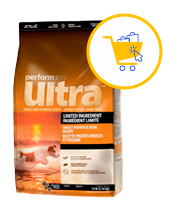 Shopping Cart icon with shopping bags in it with a mouse selector making click on it all surrounded by a blue circle on a Performatrin Ultra dog food bag