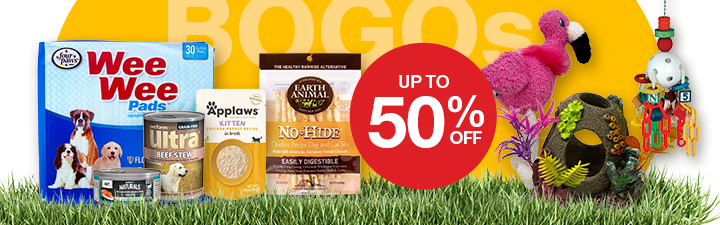 "BOGOs up to 50% off" dog treat bags, chews, and toys