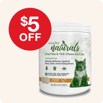 A jar of Vetality Naturals Oral Flea & Tick Chews for Cats, chicken flavor with "$5 OFF"