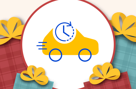 moving car icon with a ticking clock icon all surrounded by holiday gifts