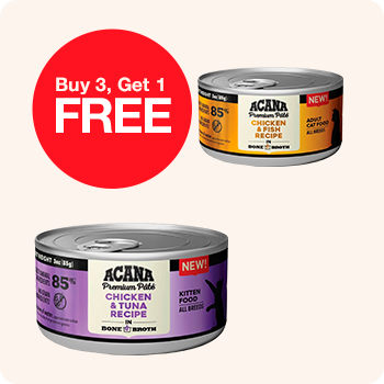 Acana cat food promotional offer: buy three, get one free.