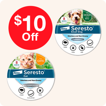 Two cans of Seresto with a promotional label showing "$10 off" prominently displayed.